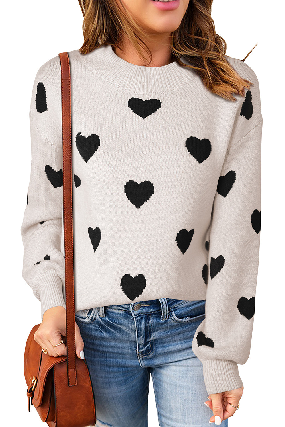 Heart Pattern Ribbed Trim Knit Sweater