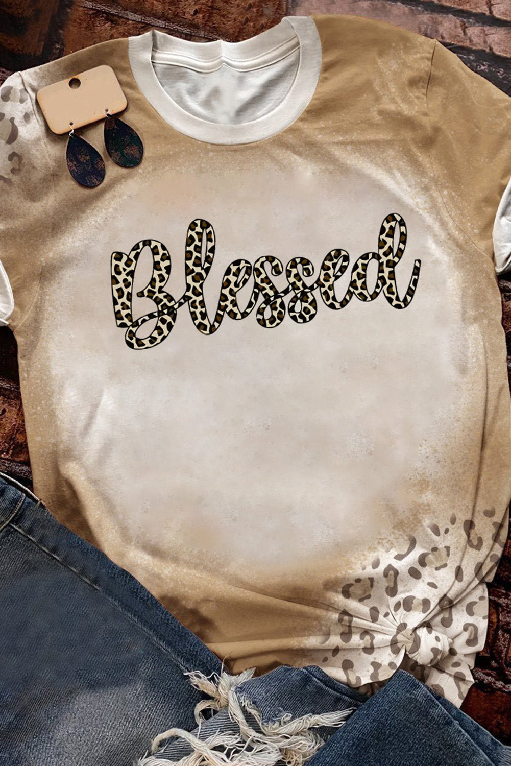 T-shirt kaki à manches courtes imprimé léopard et vache COWGIRL