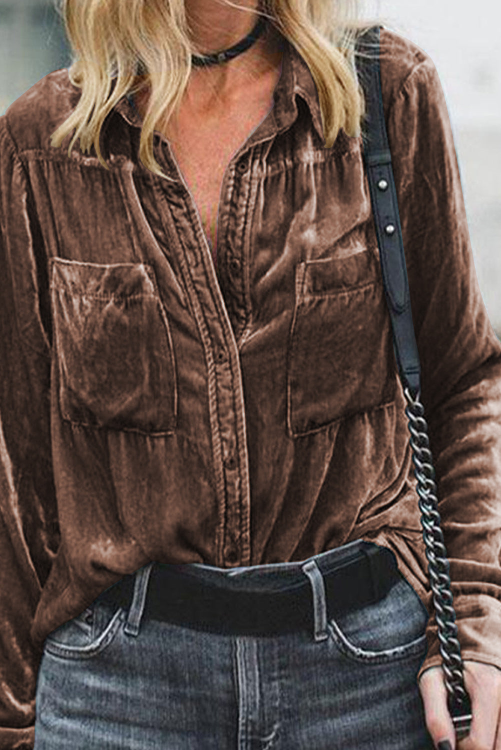 Camisa de manga larga con bolsillo de terciopelo retro