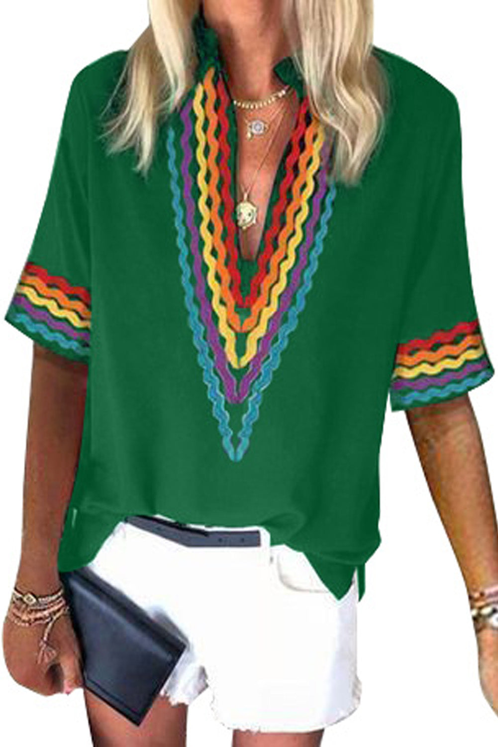 Haut à manches courtes à blocs de couleurs ethniques