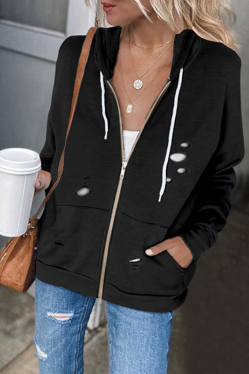 Sweat à capuche avec poche zippée déchirée 