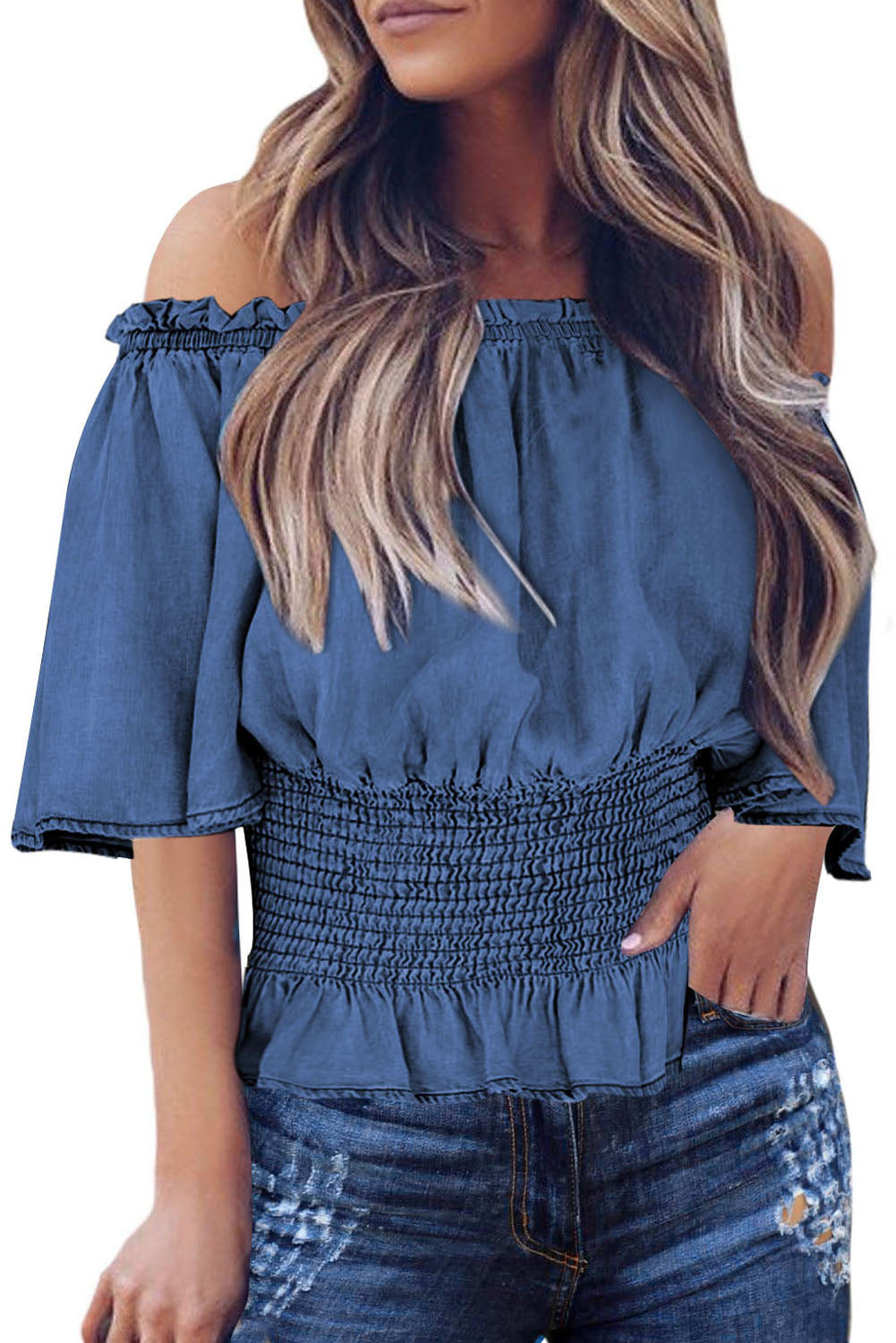 Top con hombros descubiertos y cintura fruncida 