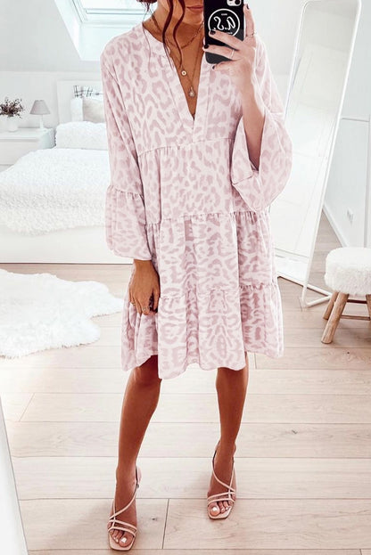 Print V neck Ruffle Swing Mini Dress