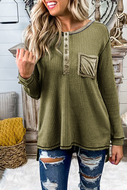 Haut boutonné à manches longues et patchs de coude gaufrés 