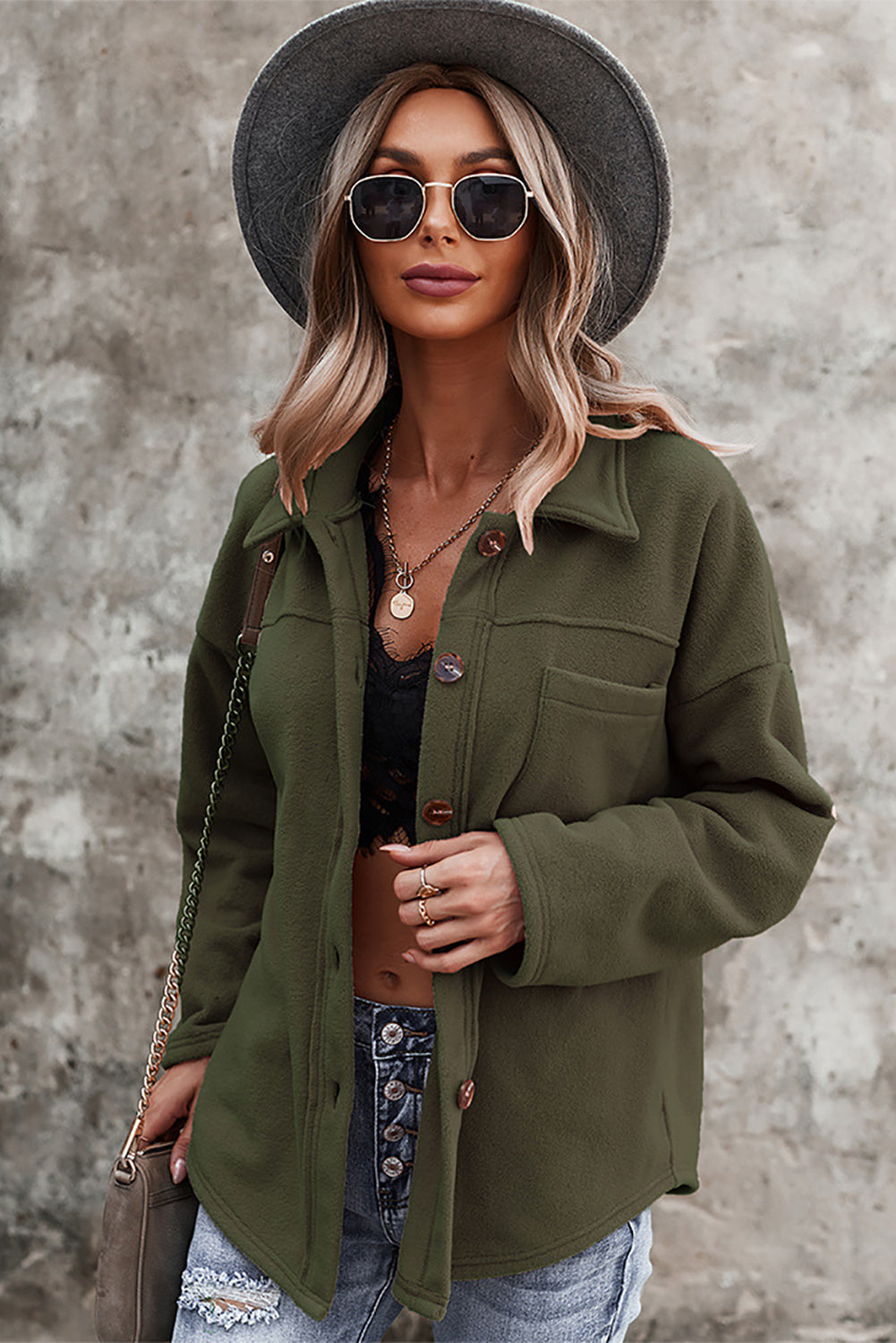 Army Green Turn Down Collar Pocket Button Closure Warm Coat