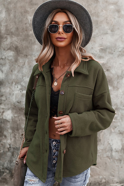 Army Green Turn Down Collar Pocket Button Closure Warm Coat