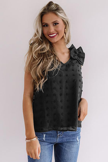 Top sin mangas de tejido Swiss Dot con tirantes con volantes 