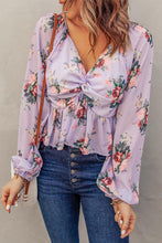 Beige V Neck Balloon Sleeve Twist Front Floral Blouse - HannaBanna Clothing
