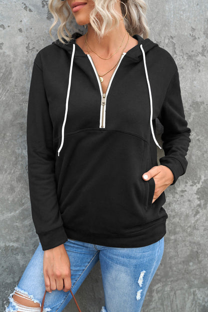 Sweat à capuche à manches longues et demi-fermeture éclair avec poche 