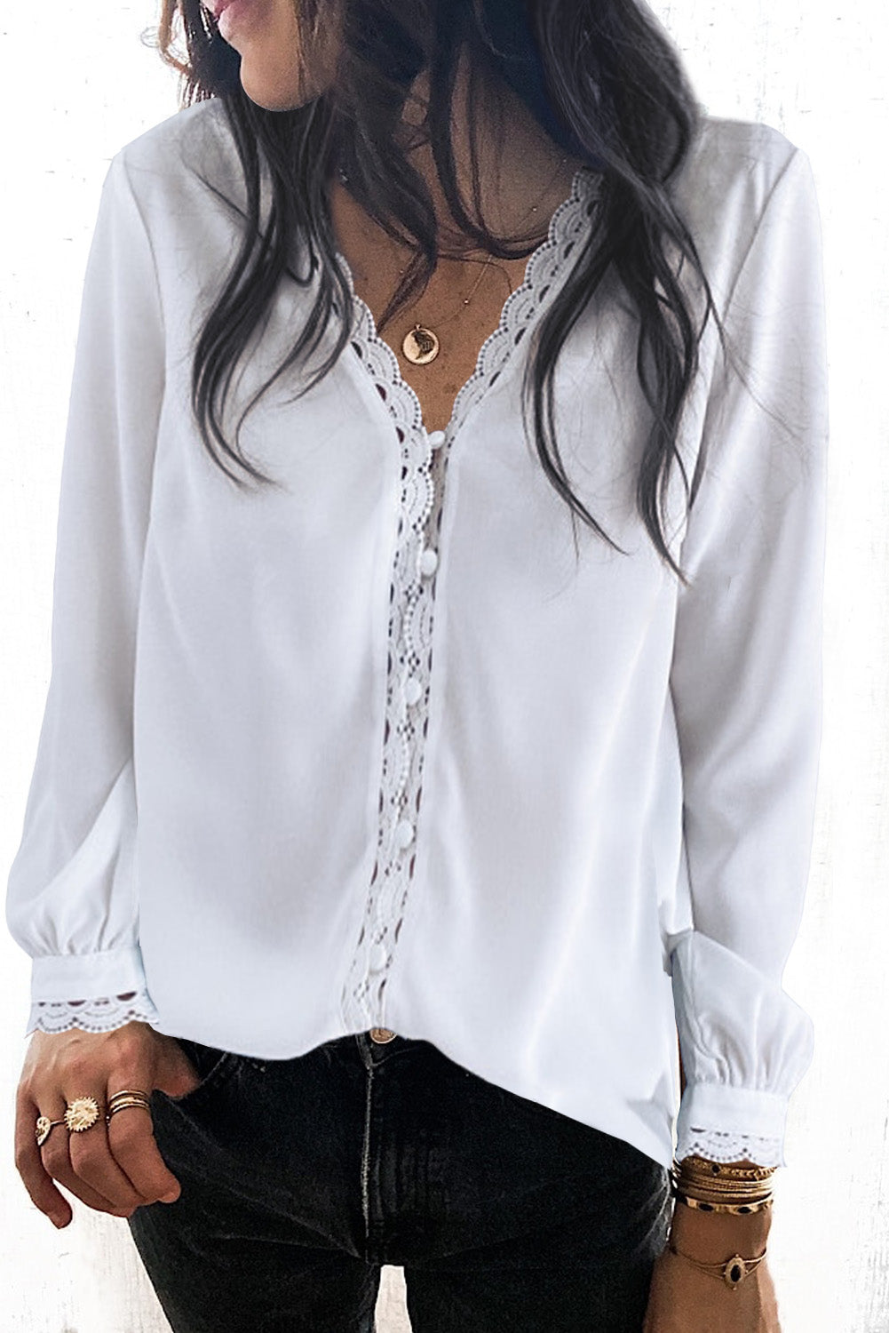 Lace Crochet Buttoned Long Sleeve Shirt