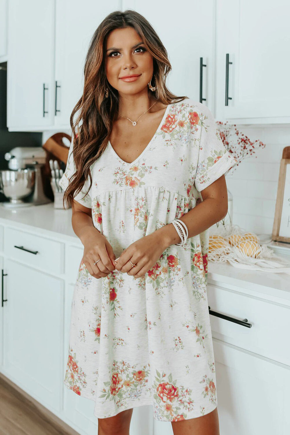 V-Neck Flutter Sleeve Babydoll Floral Dress