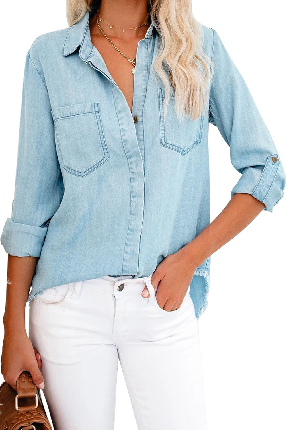 Chemise en jean à manches longues et ourlet effiloché 