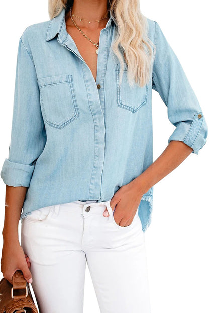 Chemise en jean à manches longues et ourlet effiloché 