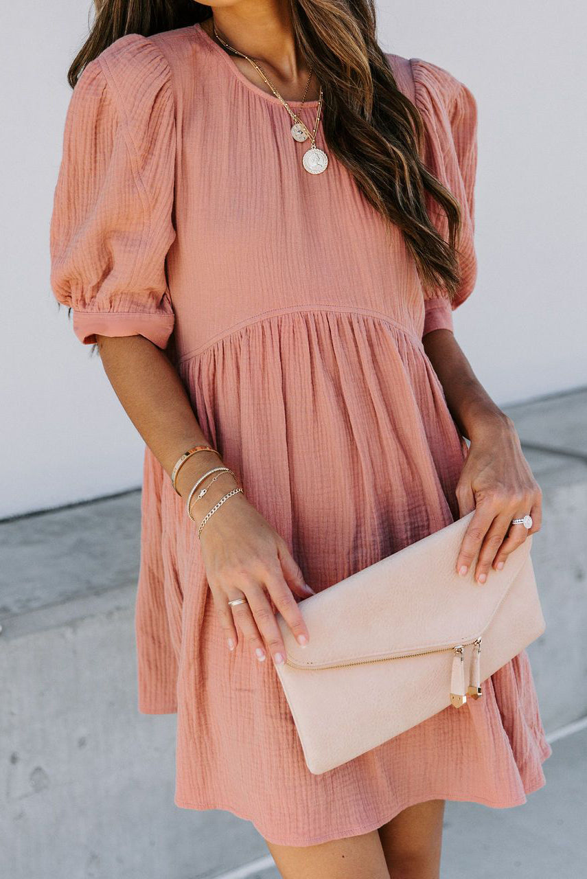 Pocketed Puff Sleeve Empire Waist Swing Short Dress