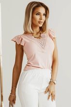 Contrast Lace Scalloped Neck Petal Sleeves Top