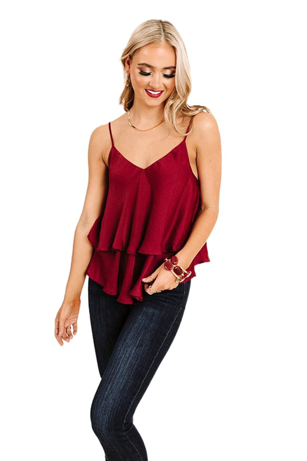 Débardeur à bretelles spaghetti et volants superposés