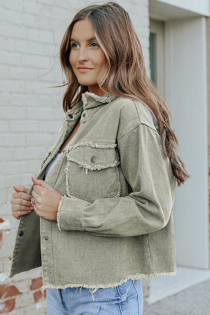 Distressed Flap Pockets Frayed Hemline Denim Jacket