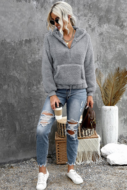 Sweat-shirt à capuche zippé 1/4 en sherpa avec kangourou