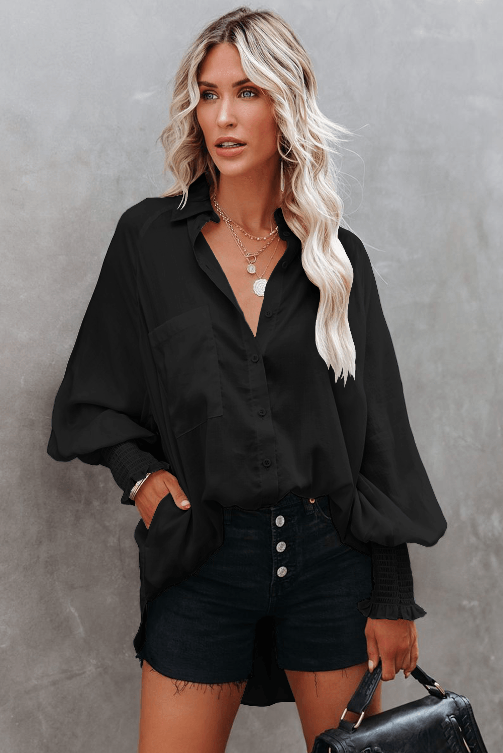 Billowy Sleeves Pocketed Shirt - HannaBanna Clothing