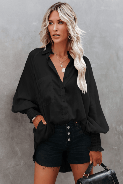 Billowy Sleeves Pocketed Shirt - HannaBanna Clothing