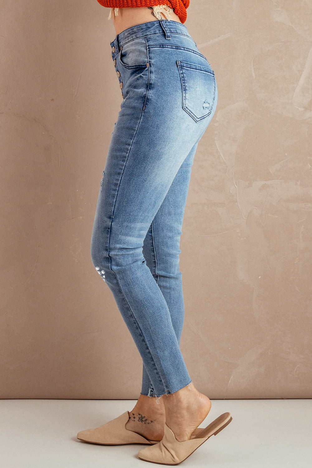 Button Fly Distressed Skinny Jeans