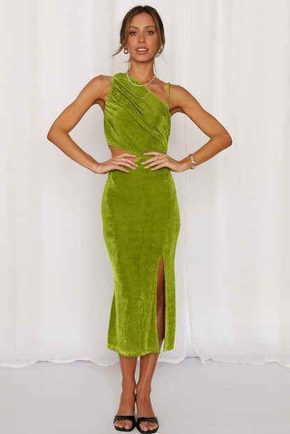 Velvet One Shoulder Sleeveless Cut out Sheath Midi Dress