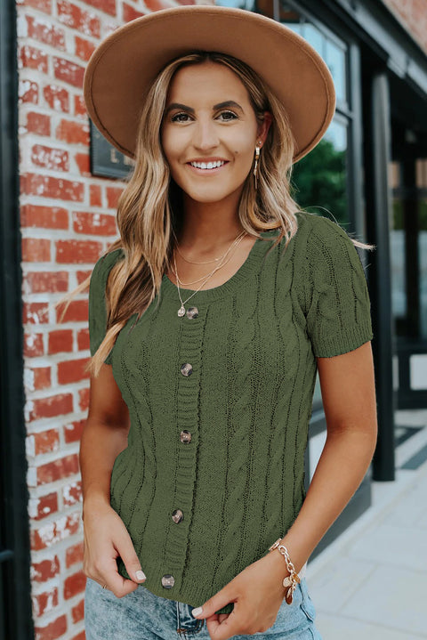 Khaki Cable Knit Short Sleeve Top with Buttons