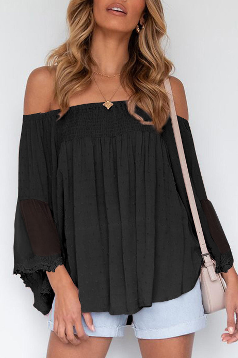 Blusa con volantes de patchwork transparente con hombros descubiertos