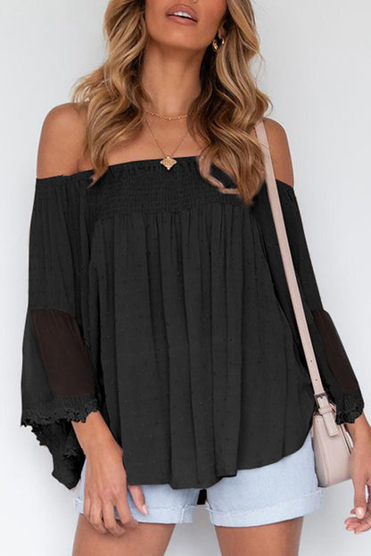 Blusa con volantes de patchwork transparente con hombros descubiertos