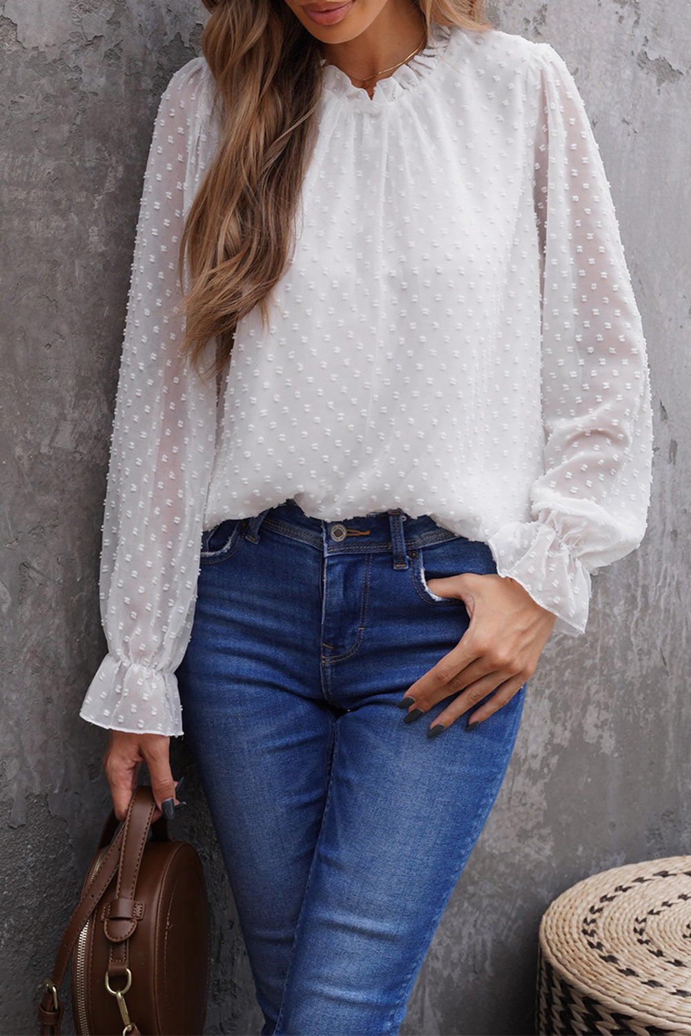 Ruffled Crewneck Swiss Dot Bubble Sleeve Blouse