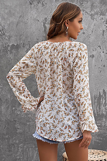 Floral Print Drawstring Long Bell Sleeve Blouse