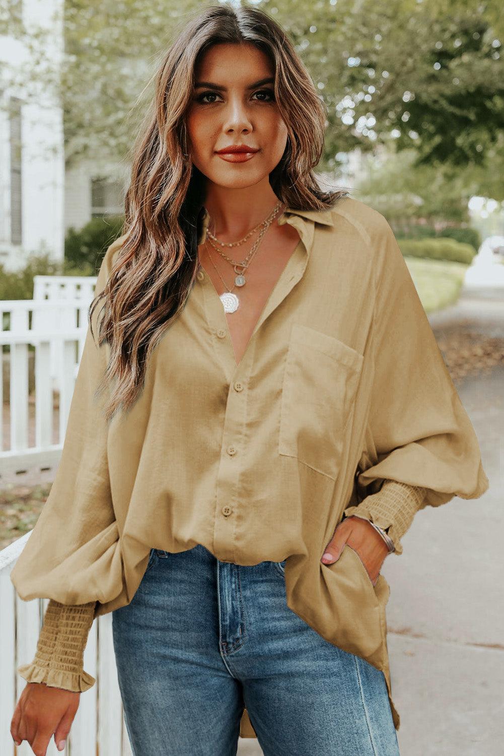 Billowy Sleeves Pocketed Shirt - HannaBanna Clothing