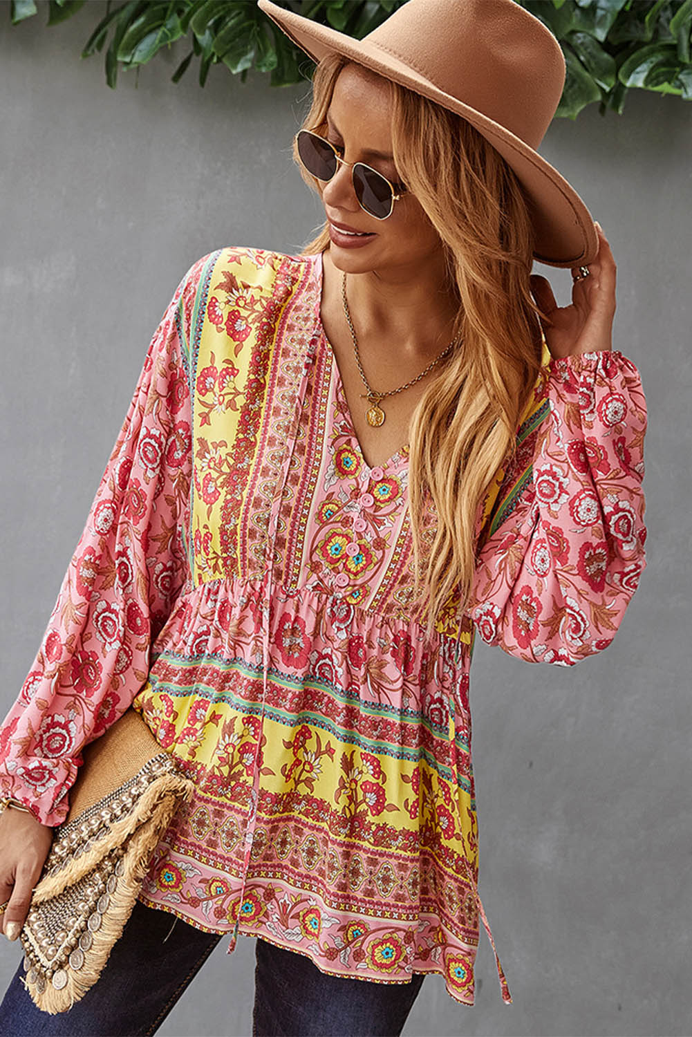 Floral Print Loose Drawstring V Neck Blouse