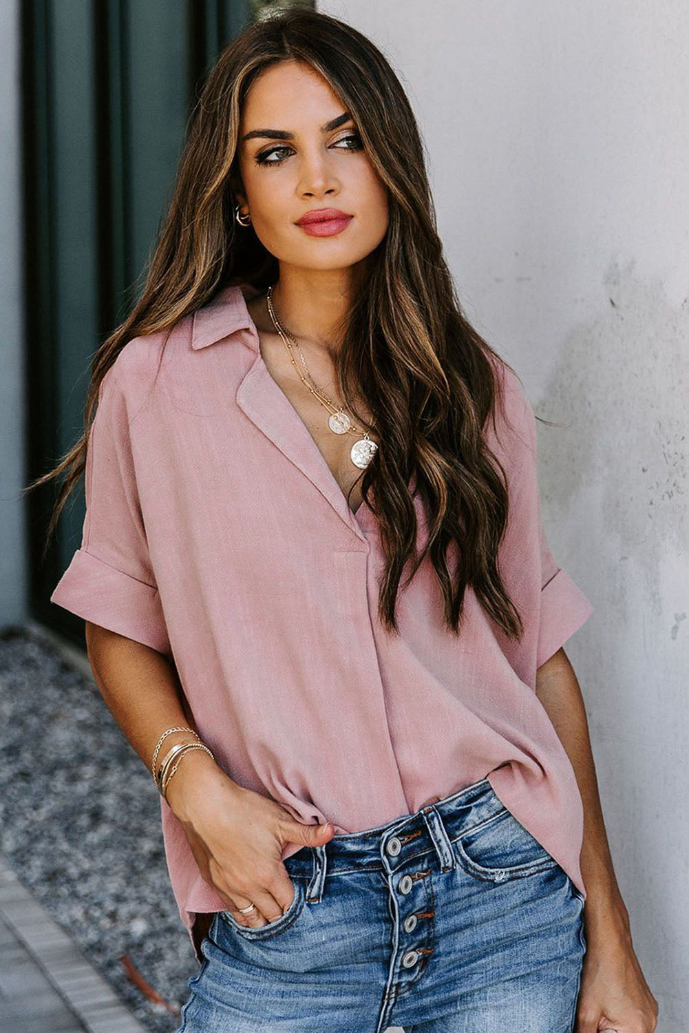 Camisa lisa con botones de manga corta