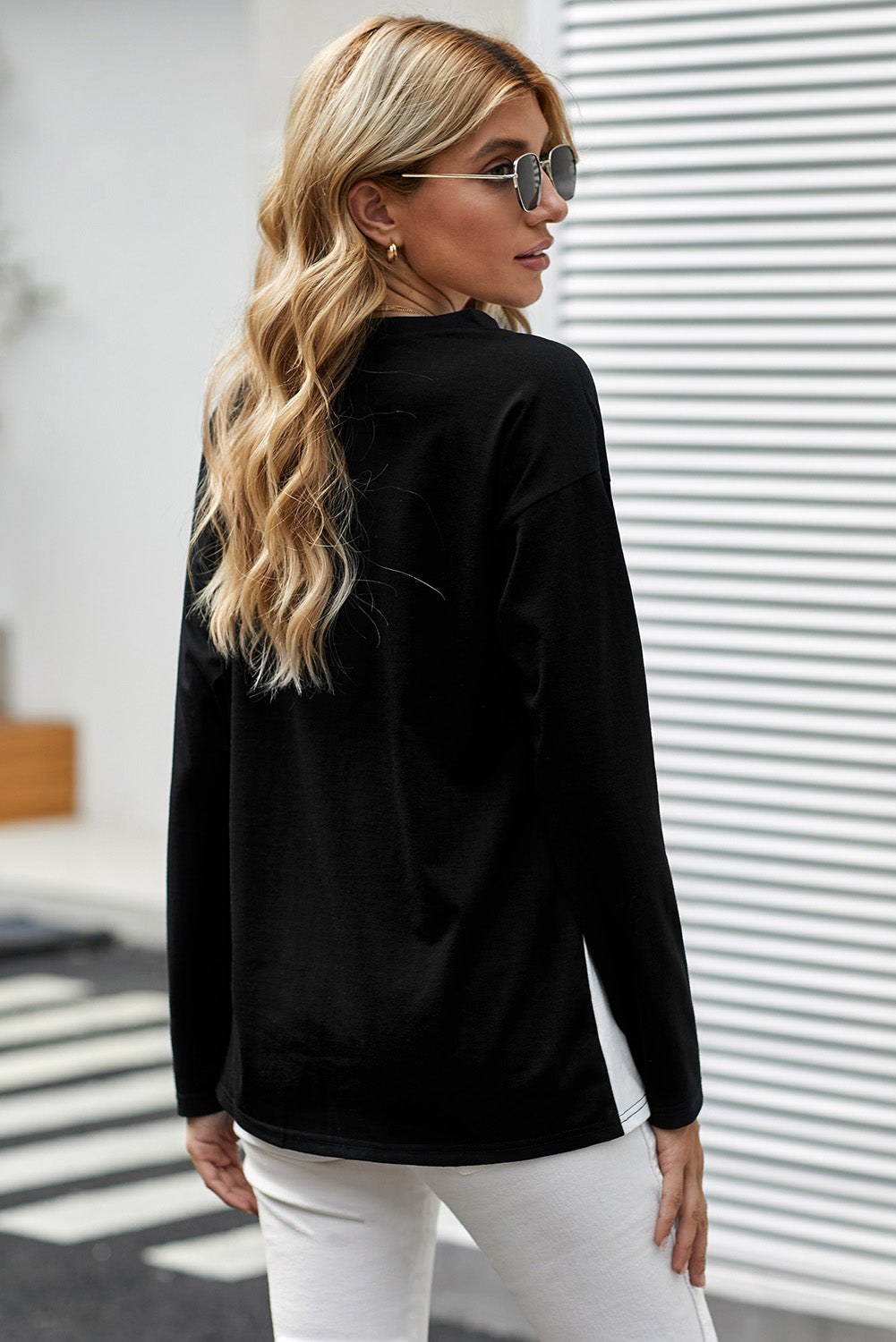 Color Block Splicing O-Neck Blouse