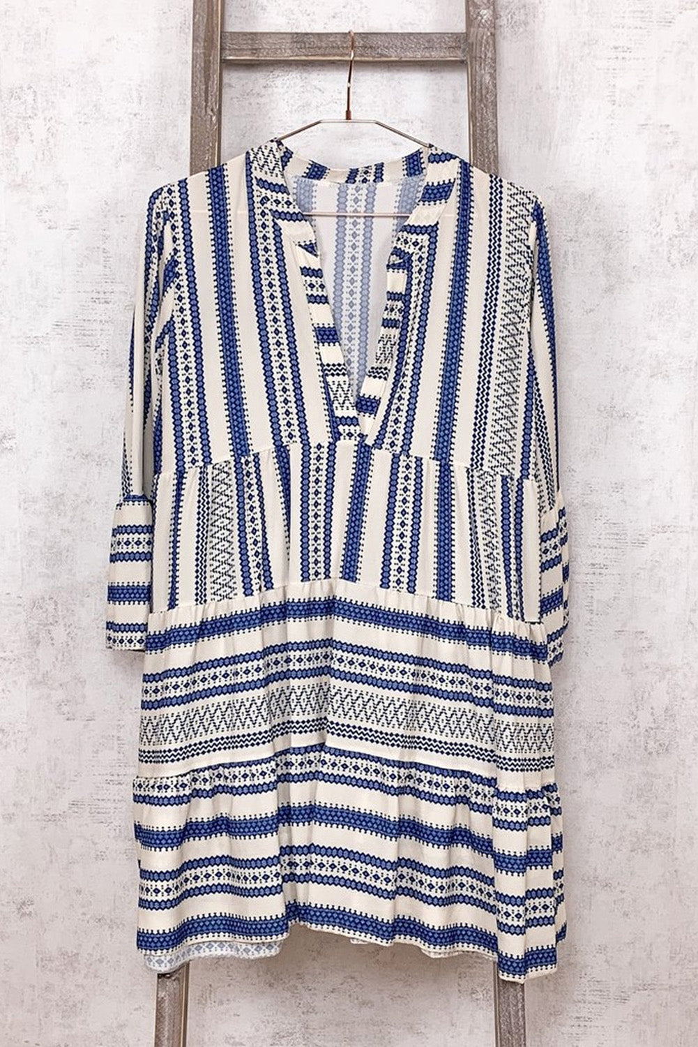 Print V neck Ruffle Swing Mini Dress