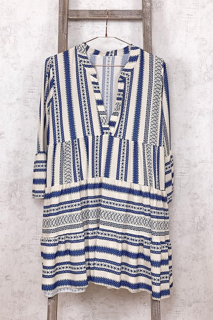 Print V neck Ruffle Swing Mini Dress