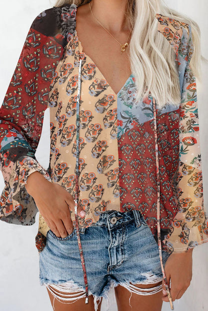 Floral Print Drawstring Long Bell Sleeve Blouse