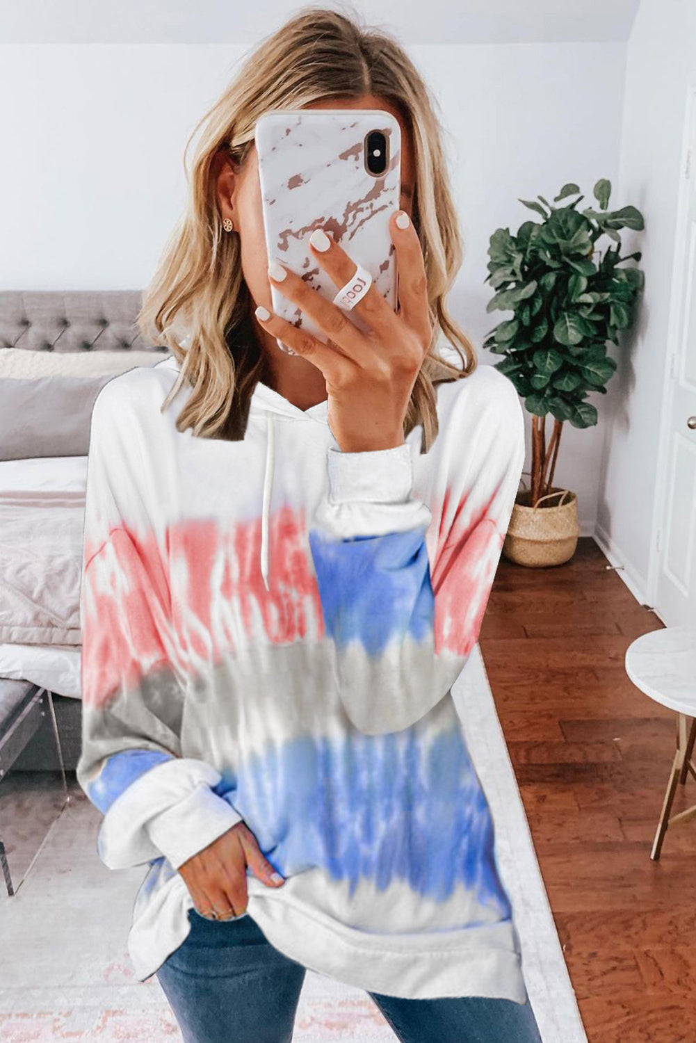 Multicolor Colorblock Tie-dye Drawstring Pullover Hoodie