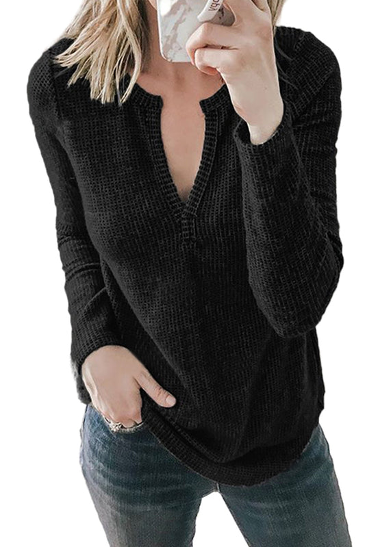 Top de manga larga de mezcla de algodón con cuello en V