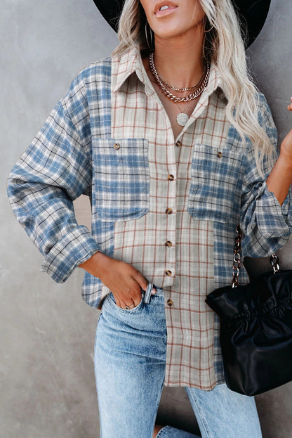 Chemise à manches longues boutonnée à carreaux et blocs de couleurs