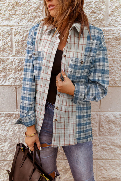 Chemise à manches longues boutonnée à carreaux et blocs de couleurs