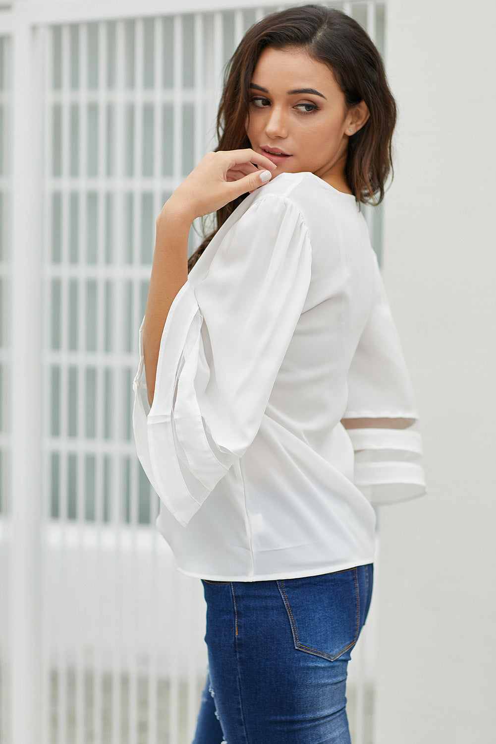 Flare Sleeve V Neck Loose Blouse