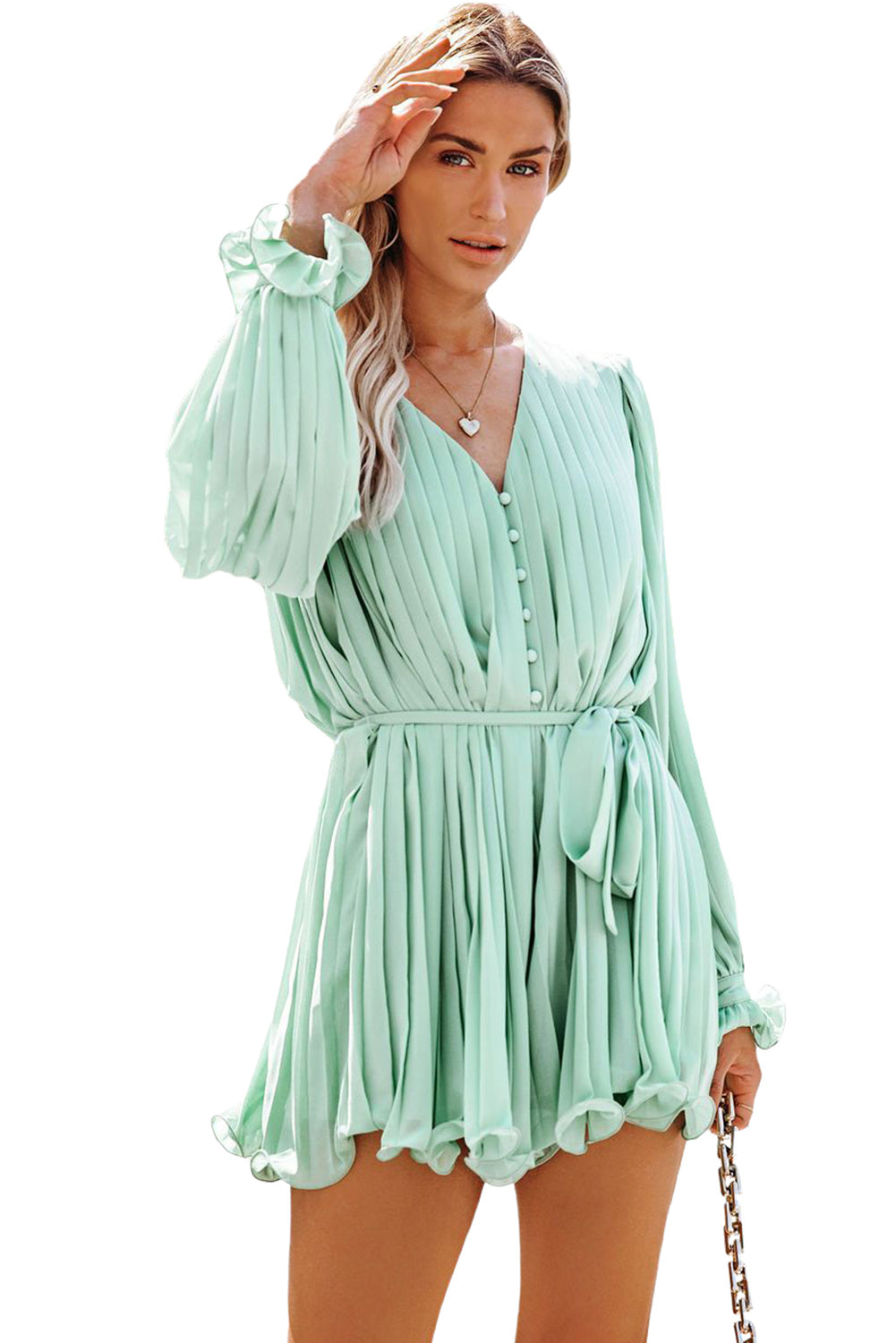 Pleated Ruffled Tie Waist Buttons V Neck Romper