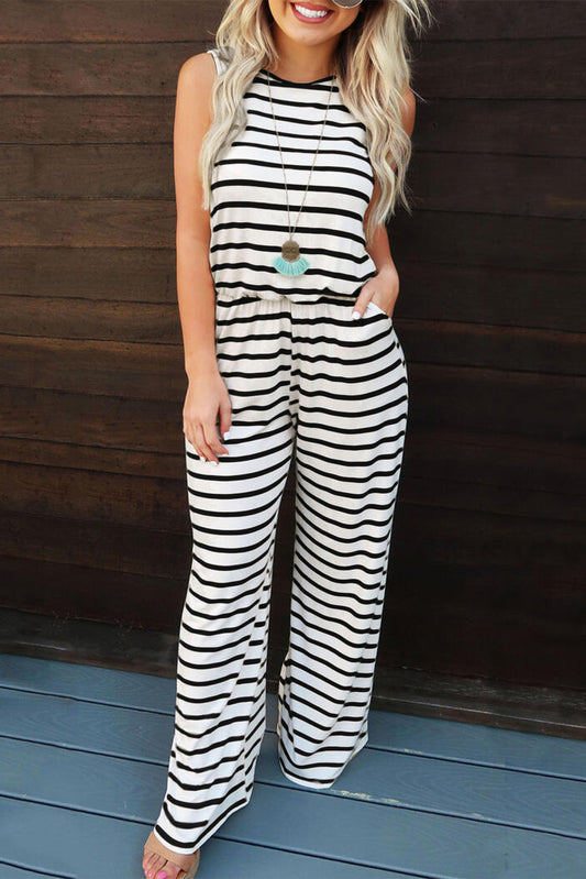 Striped Print Pocketed Sleeveless Jumpsuit