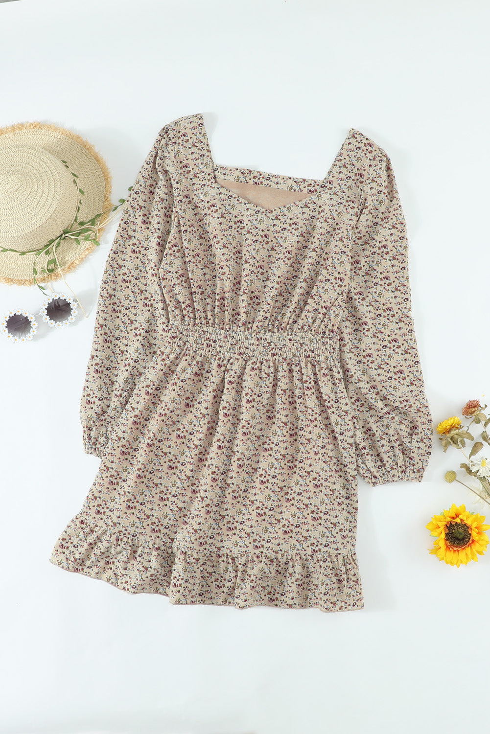 Graceful Elastic Waist Ruffled Floral Dress