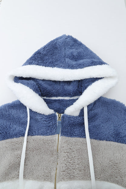 Abrigo sherpa con cremallera y bloques de color rojo vino con capucha 