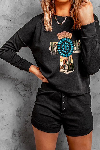 Ensemble deux pièces haut à manches tombantes et short en tricot côtelé gris