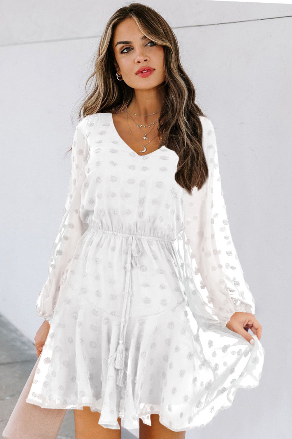 Mini-robe à manches longues et à pois suisses avec lien à la taille 