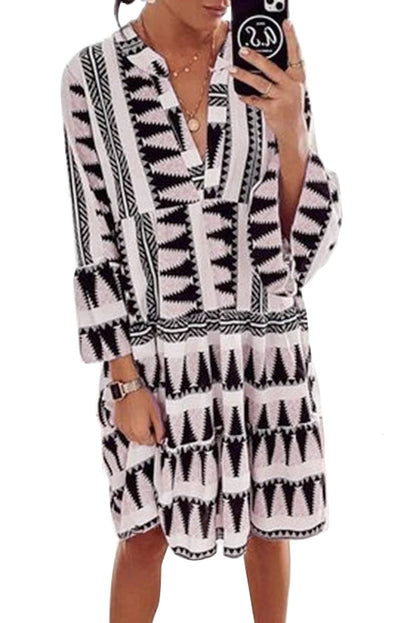 Print V neck Ruffle Swing Mini Dress